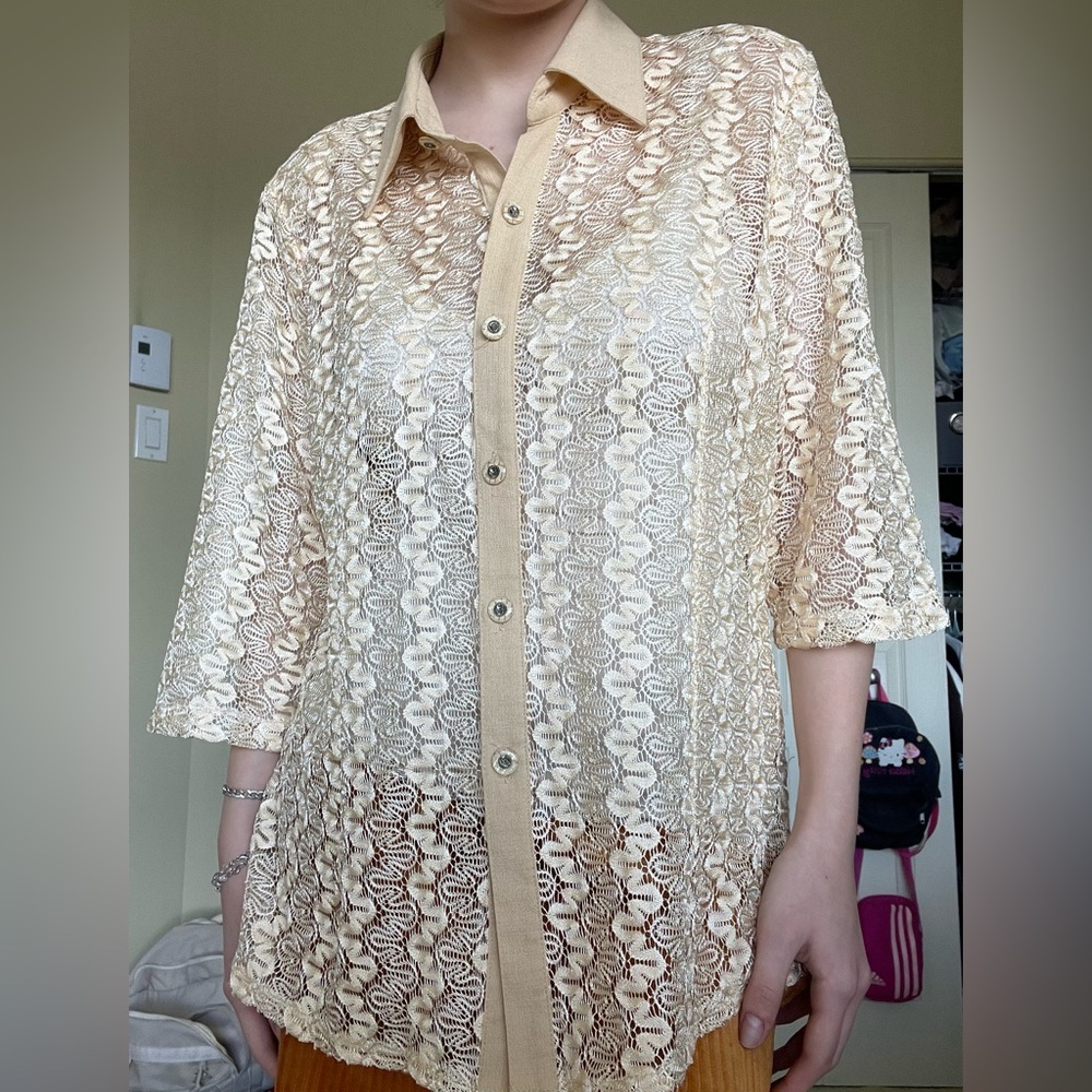 Vintage silk thread sheer button up blouse macrame, lace, padded shoulders